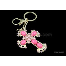 Diamond Studded Key Chain - Cross Design - Pink color