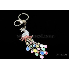 Diamond Studded Key Chain - Peacock Design - Red Color
