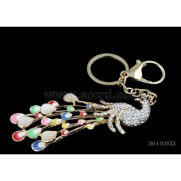 Diamond Studded Key Chain - Peacock Design - Silver Color