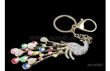 Diamond Studded Key Chain - Peacock Design - Silver Color