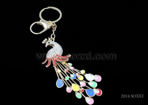 Diamond Studded Key Chain - Peacock Design - Red Color