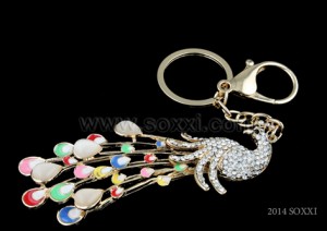 Diamond Studded Key Chain - Peacock Design - Silver Color