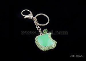Diamond Studded Key Chain - Bitten Apple Design - Green Color